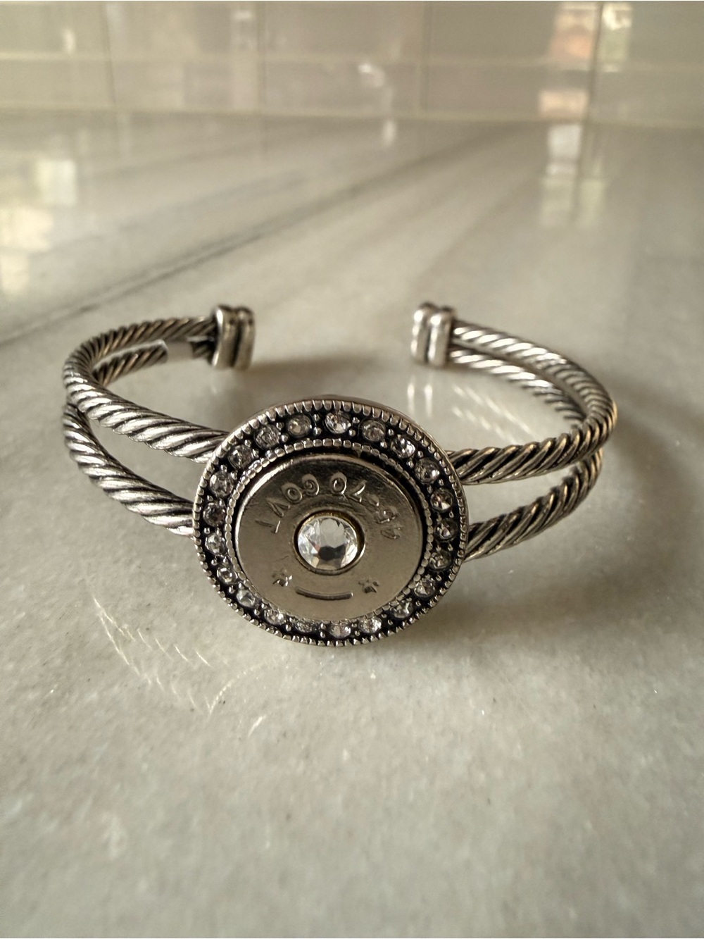 45-70 GOVT Bullet Casing Double Strand Cuff Bracelet Crystal Rhinestone